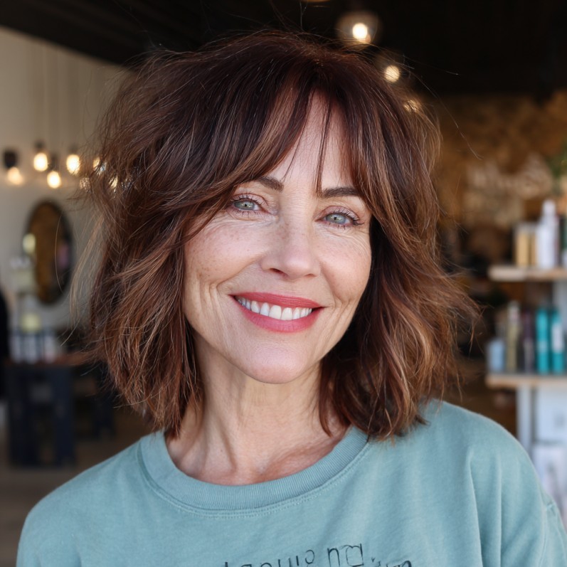 Textured Shoulder-Length Feathered Cut with Soft Bangs