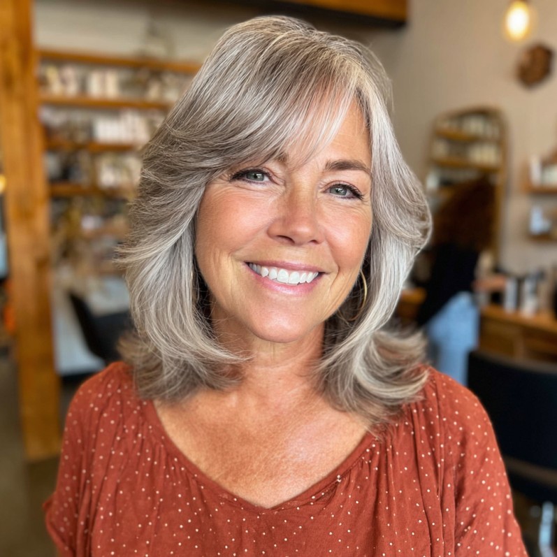 Textured Silver Layers with Soft Bangs