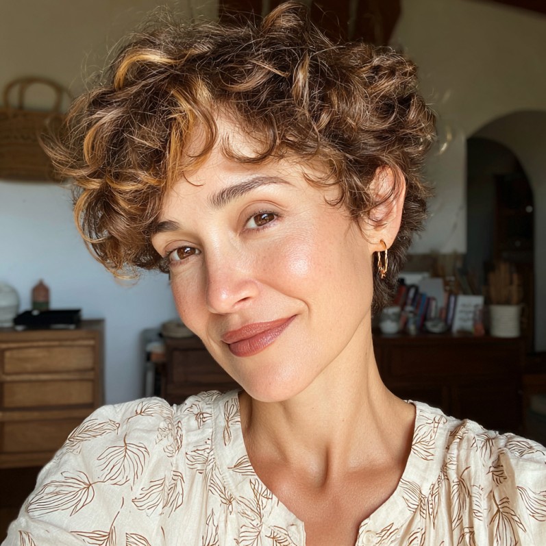 Chic Curly Micro Pixie with Warm Highlights