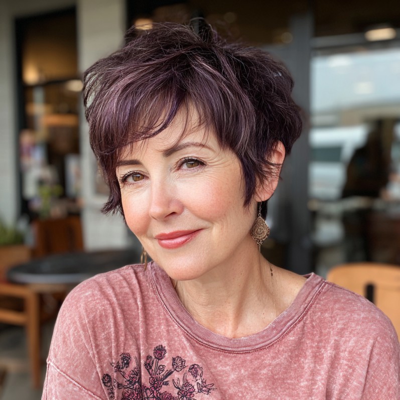 Chic Textured Plum Pixie Cut with Soft Layers