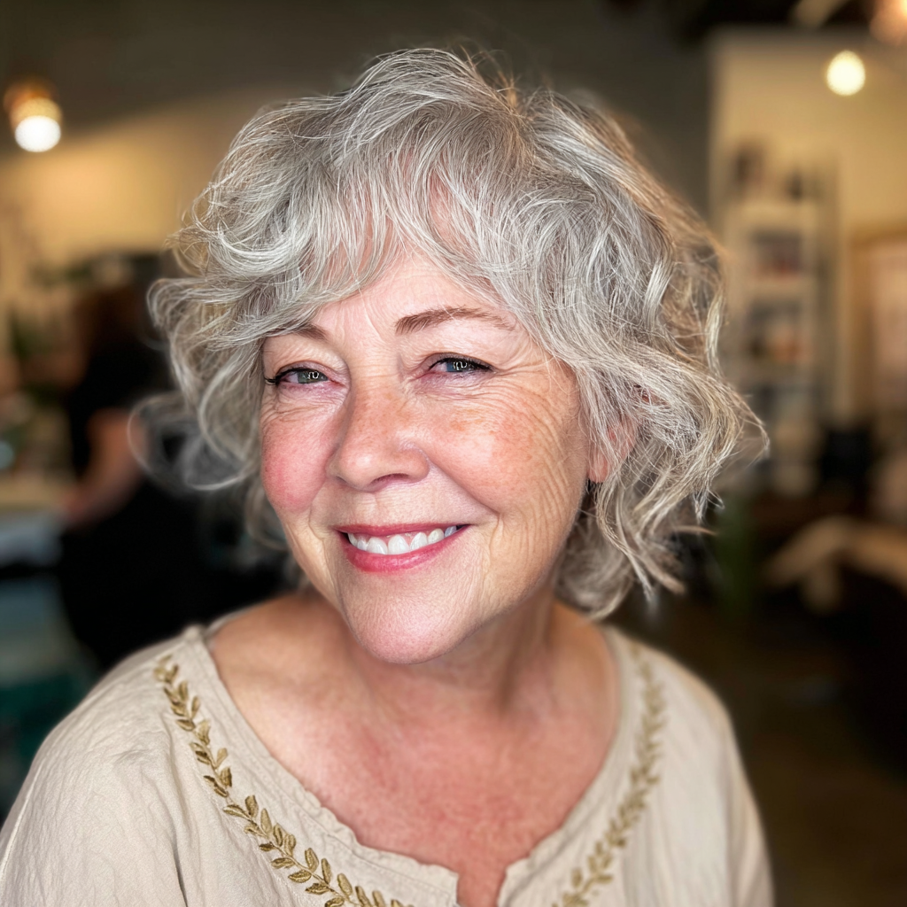 Charming Textured Curly Cut with Soft Baby Bangs