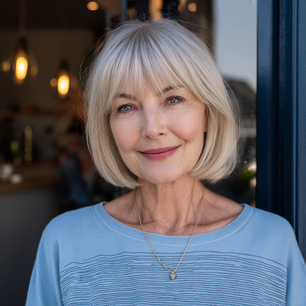 Chic Blunt Cut with Soft Bangs for Grey Hair