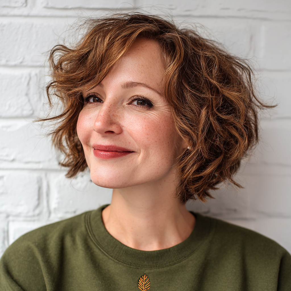 Chic Curly Brown Bob with Soft, Natural Texture