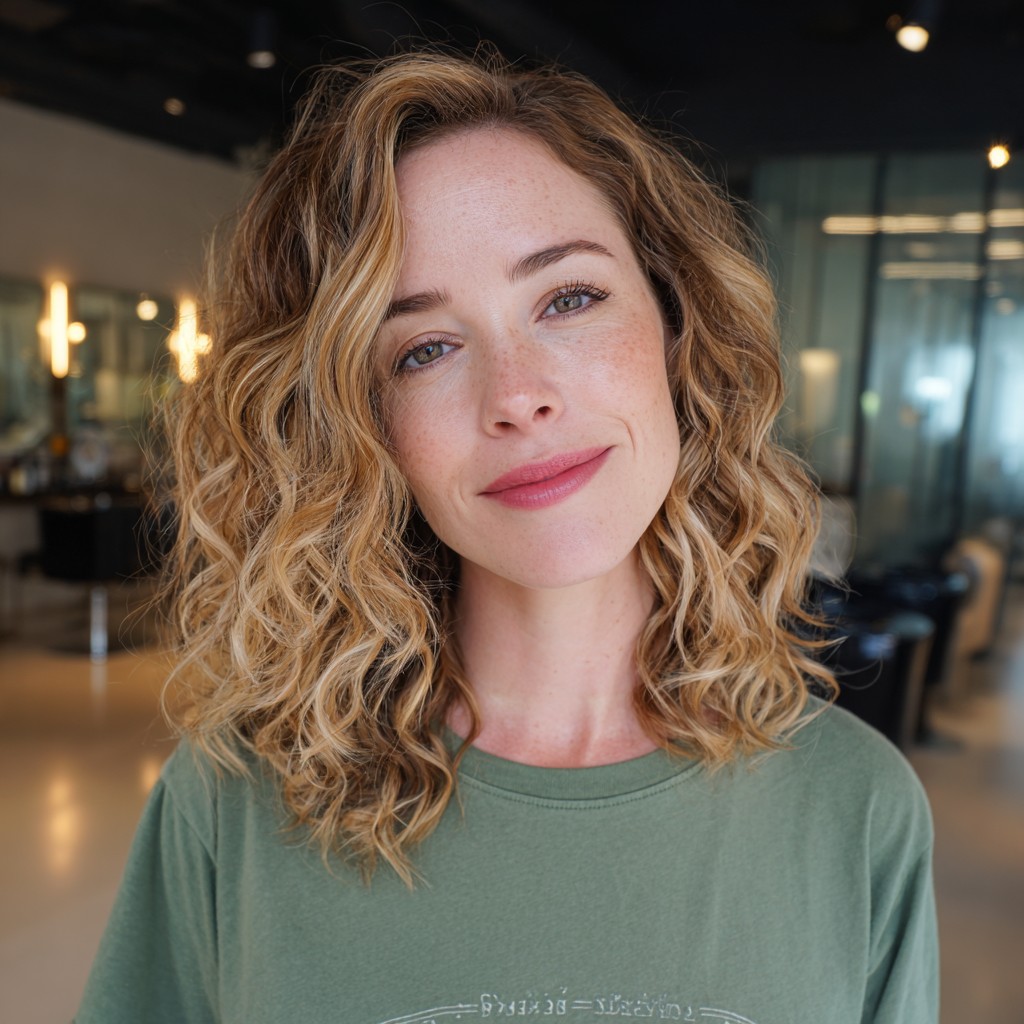 Chic Curly Shoulder-Length Hair with Blonde Highlights