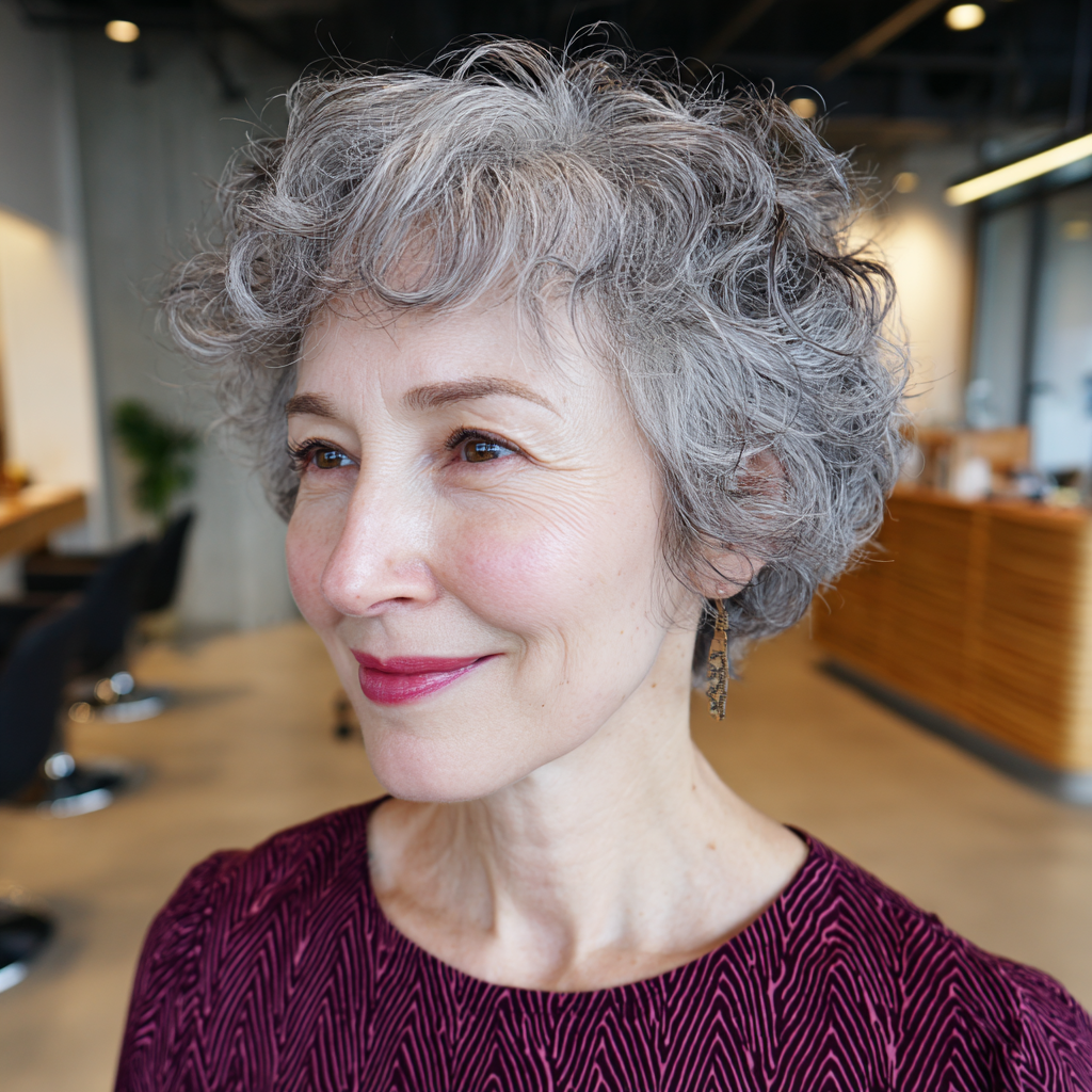 Chic Curly Silver Bob with Soft Baby Bangs