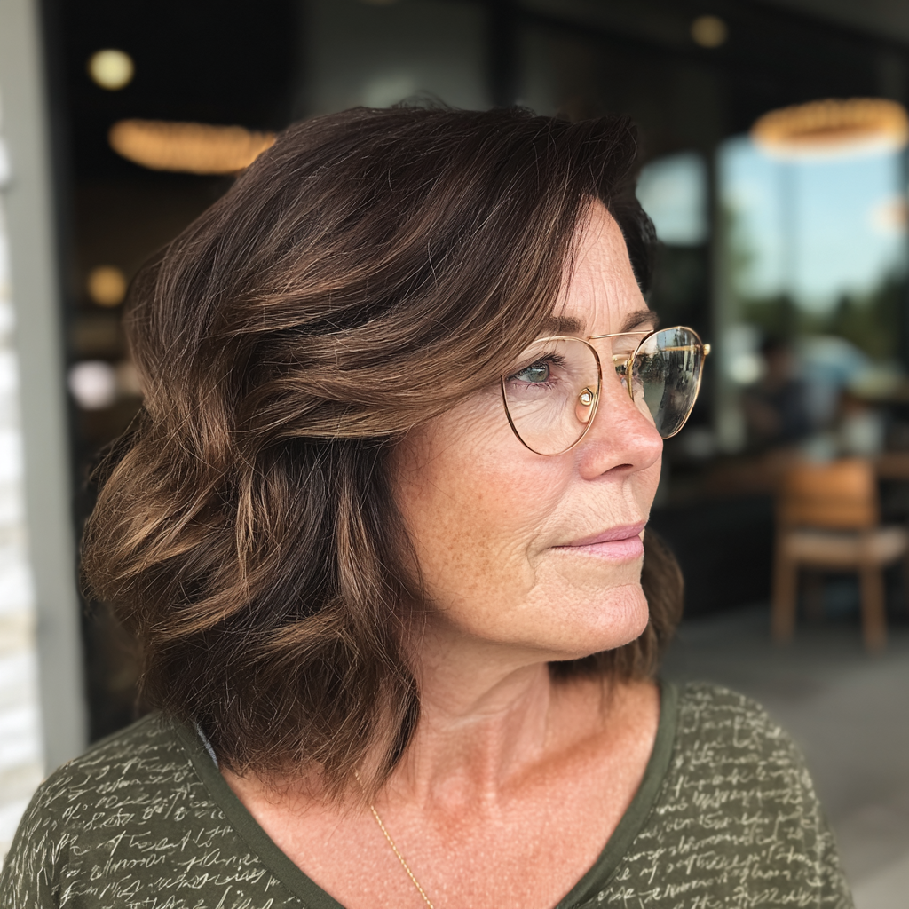 Chic Layered Brown Lob with Soft Waves