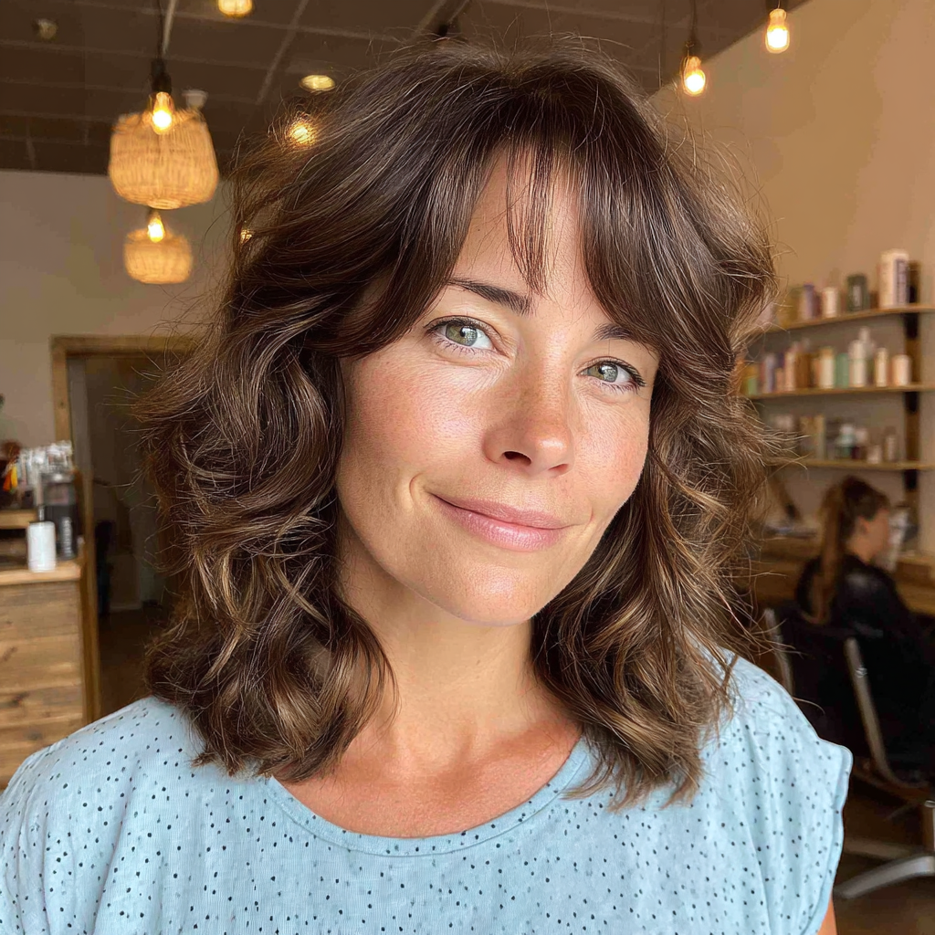 Chic Layered Curly Brown Hair with Face-Framing Bangs