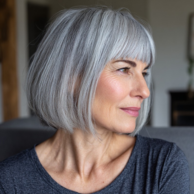 Chic One-Length Silver Bob with Blunt Bangs