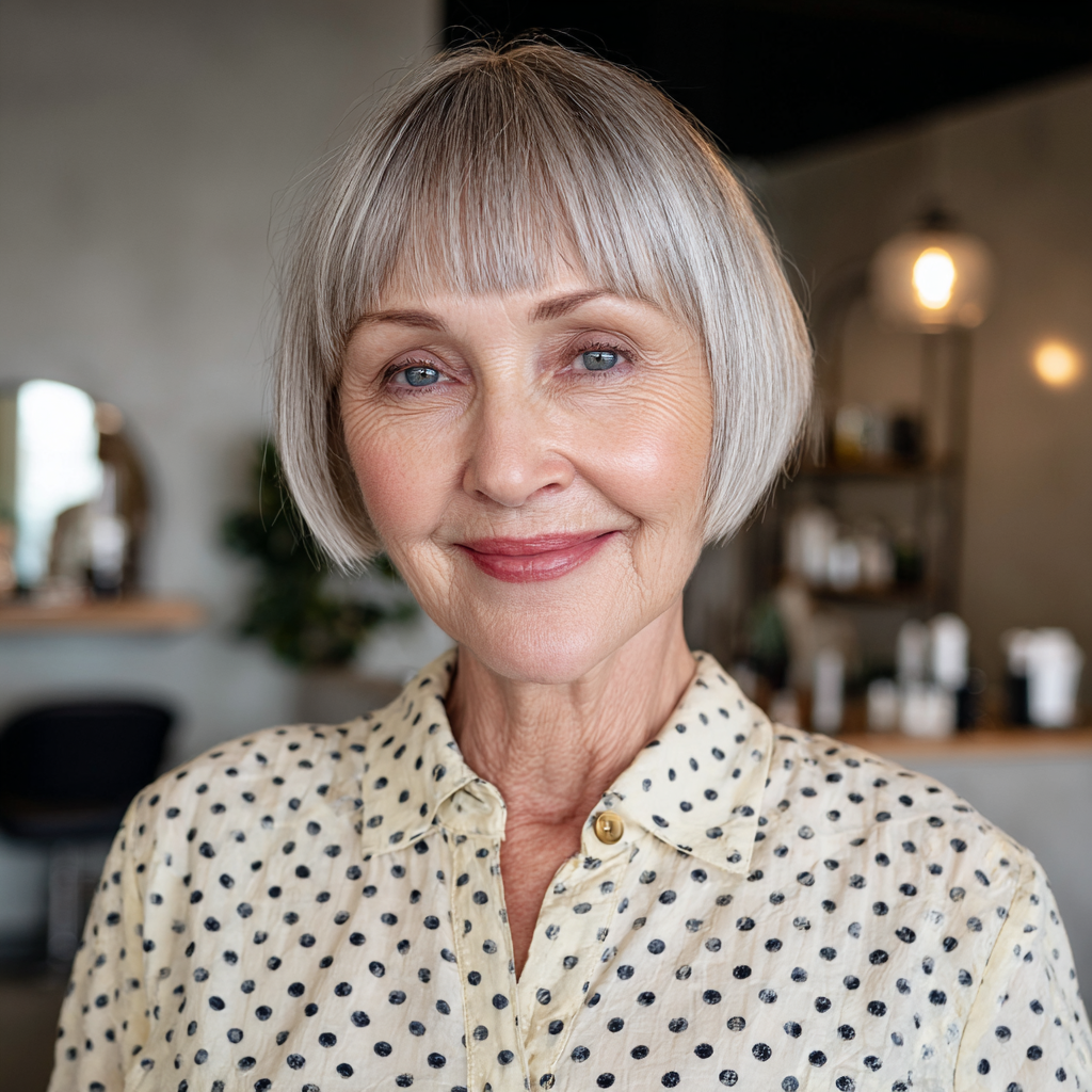 Chic Silver Bob with Bold Baby Bangs