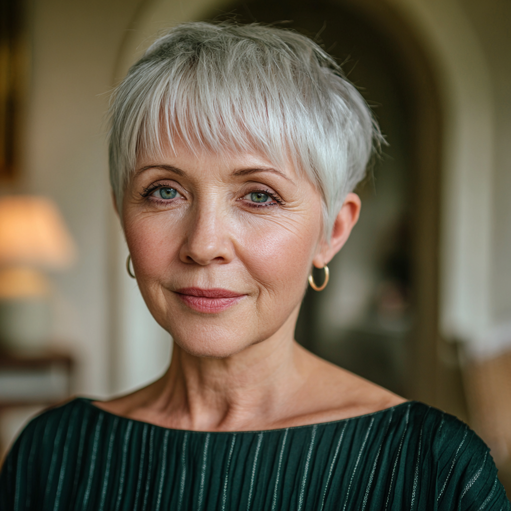 Chic Silver Textured Pixie Cut with Baby Bangs