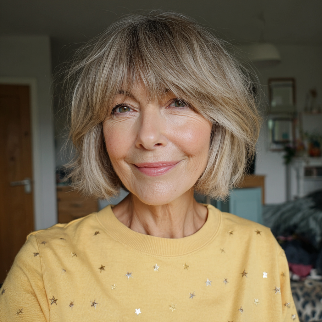 Chic Soft Layered Blonde Bob with Textured Bangs