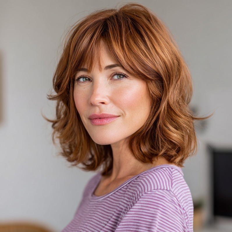 Chic Textured Red Lob with Face-Framing Bangs
