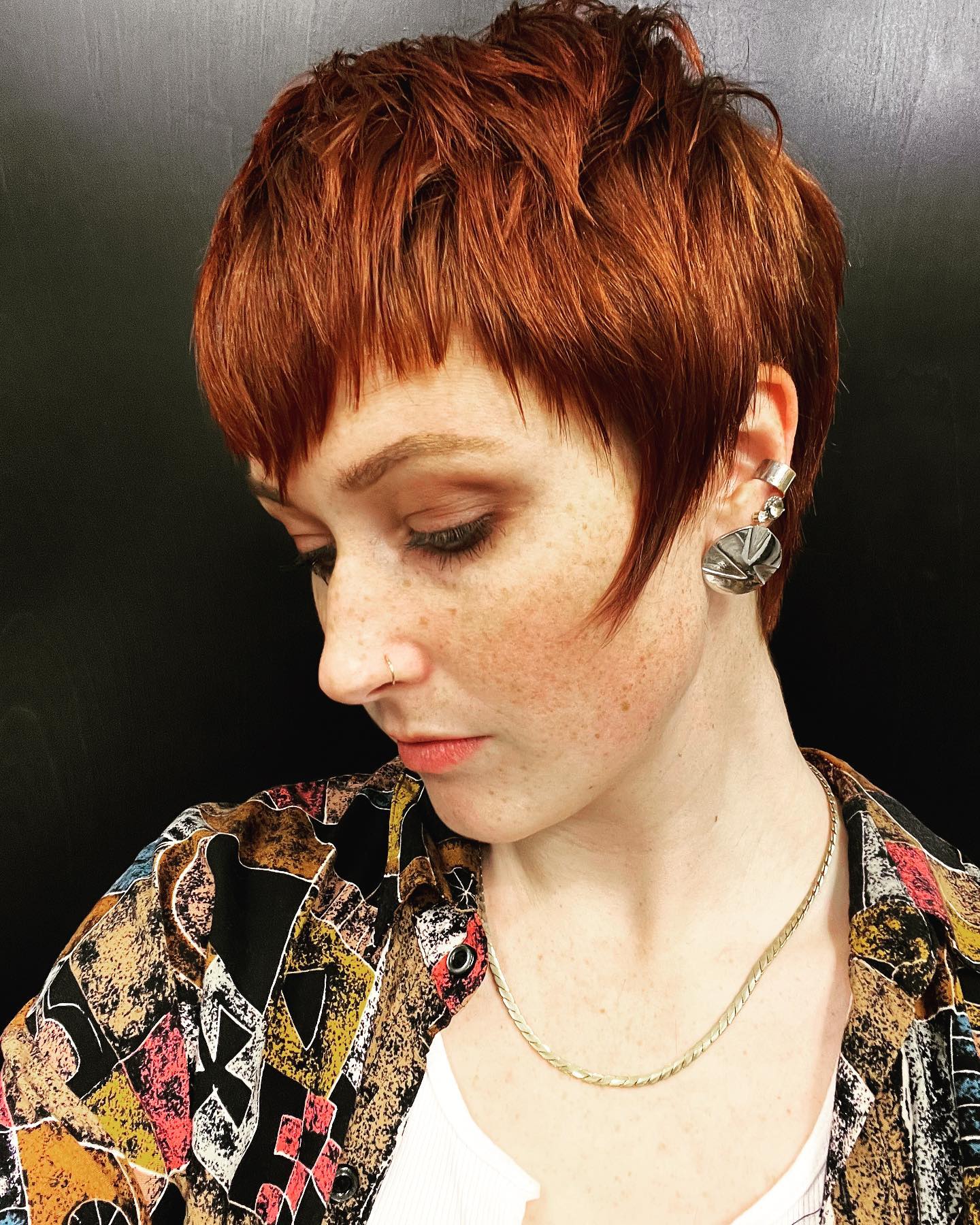 Choppy Textured Pixie with Fiery Copper Highlights