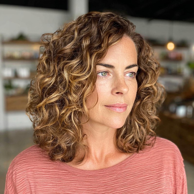 Dynamic Curly Bob with Soft Blonde Highlights