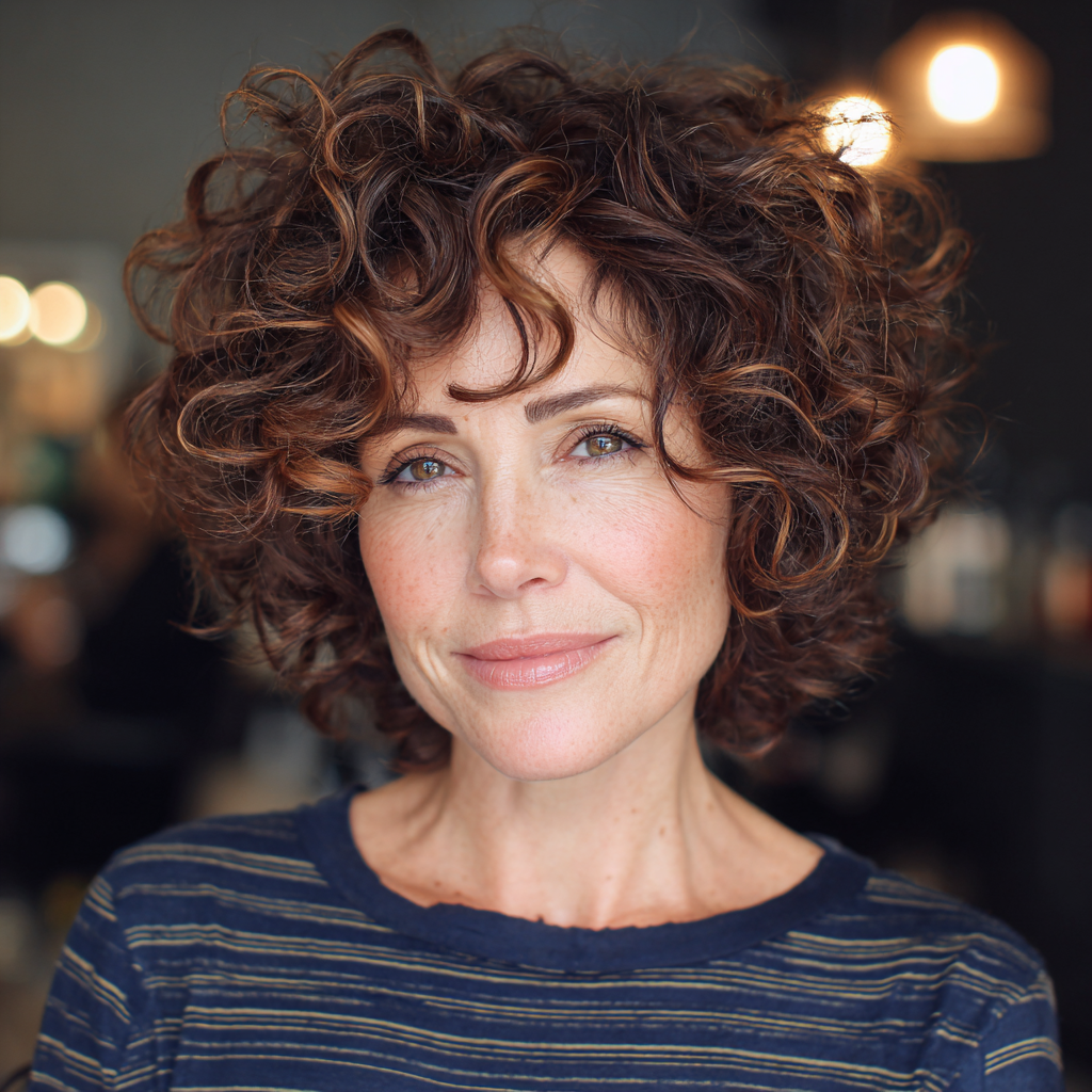 Dynamic Curly Brown Bob with Subtle Highlights