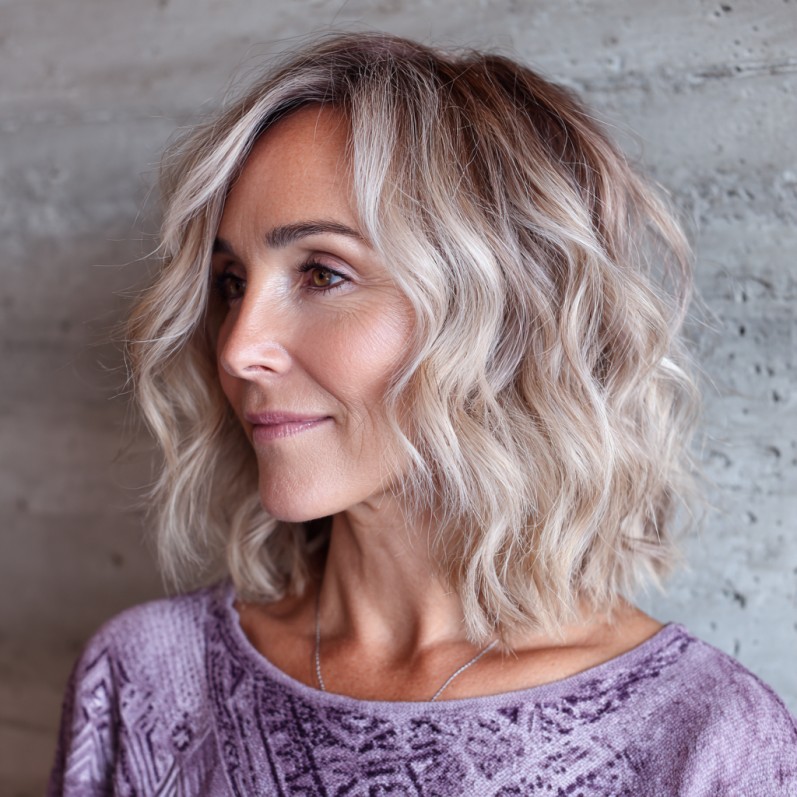 Effortlessly Wavy Medium-Length Hair with Blonde Highlights