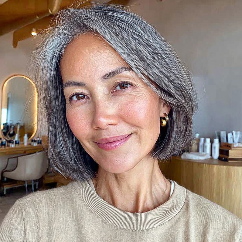Elegant One-Length Gray Bob with Soft Edges