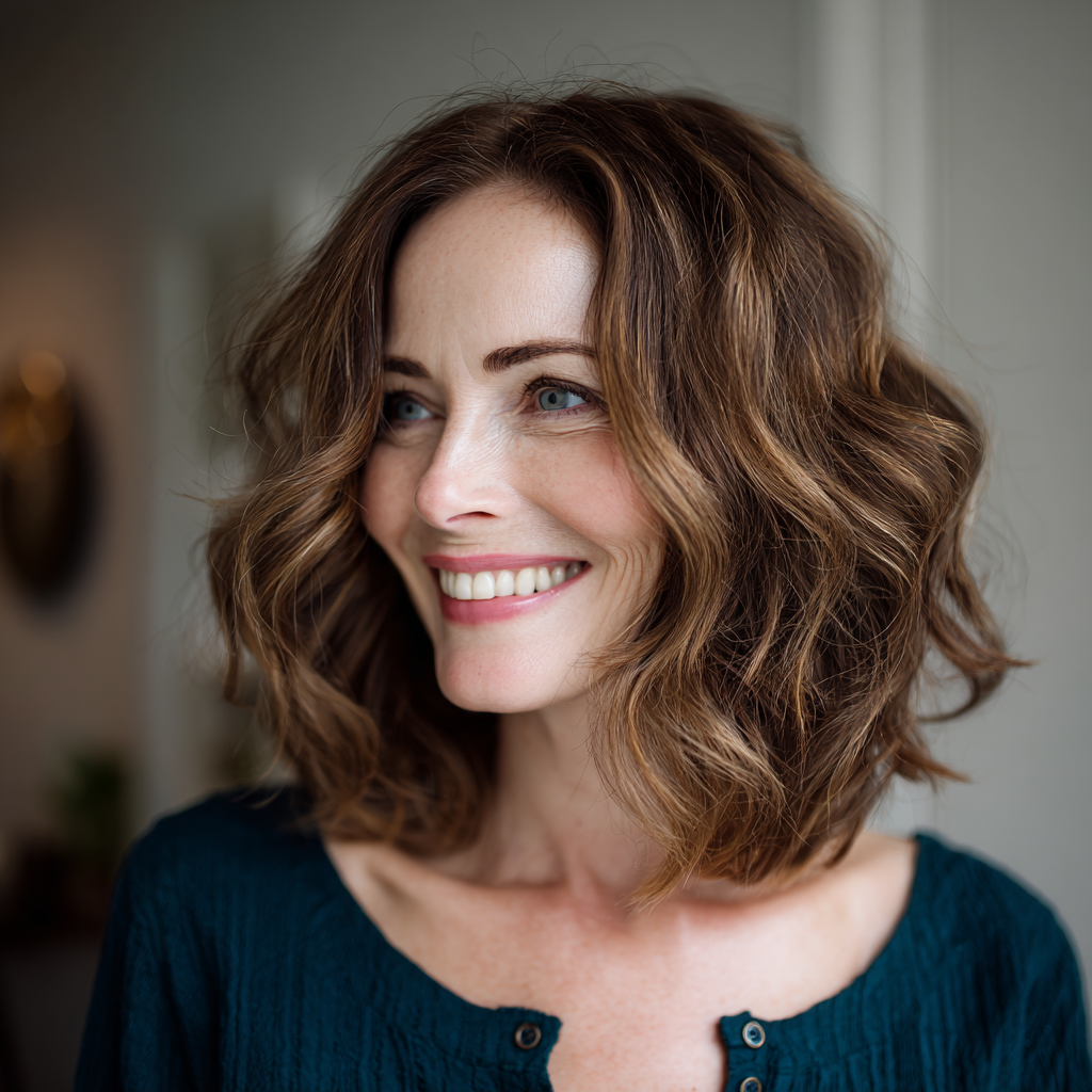 Elegant Tousled Brown Waves with Caramel Dimension