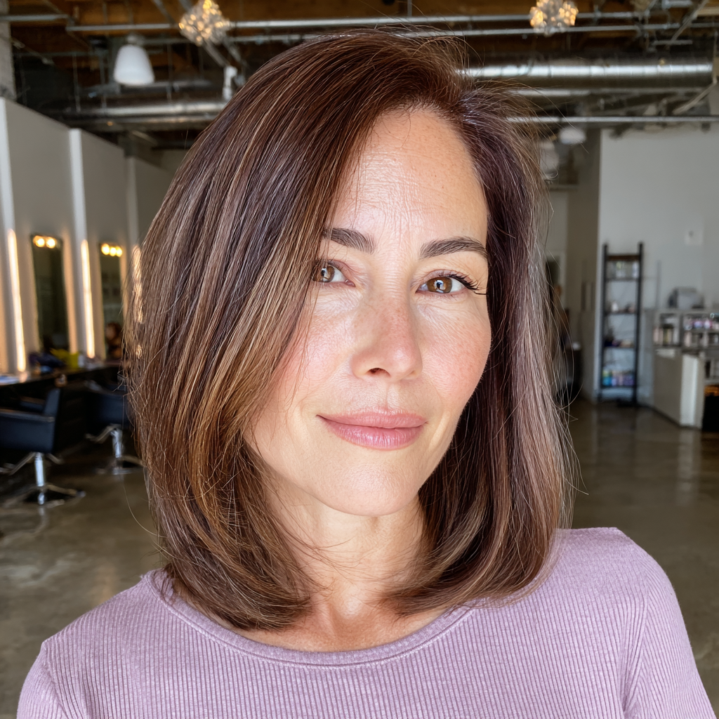 Sleek Layered Brown Lob with Warm Highlights