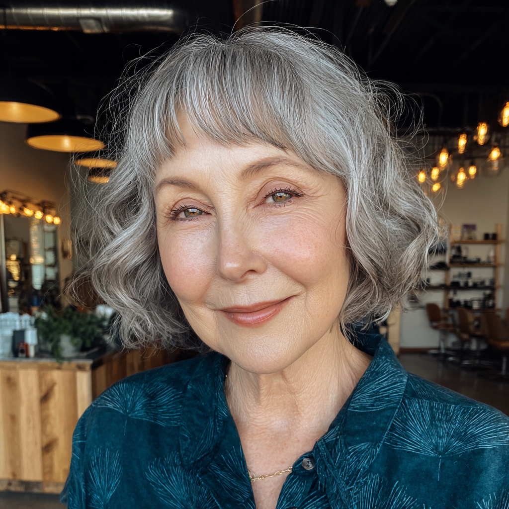 Softly Curled Silver Bob with Baby Bangs
