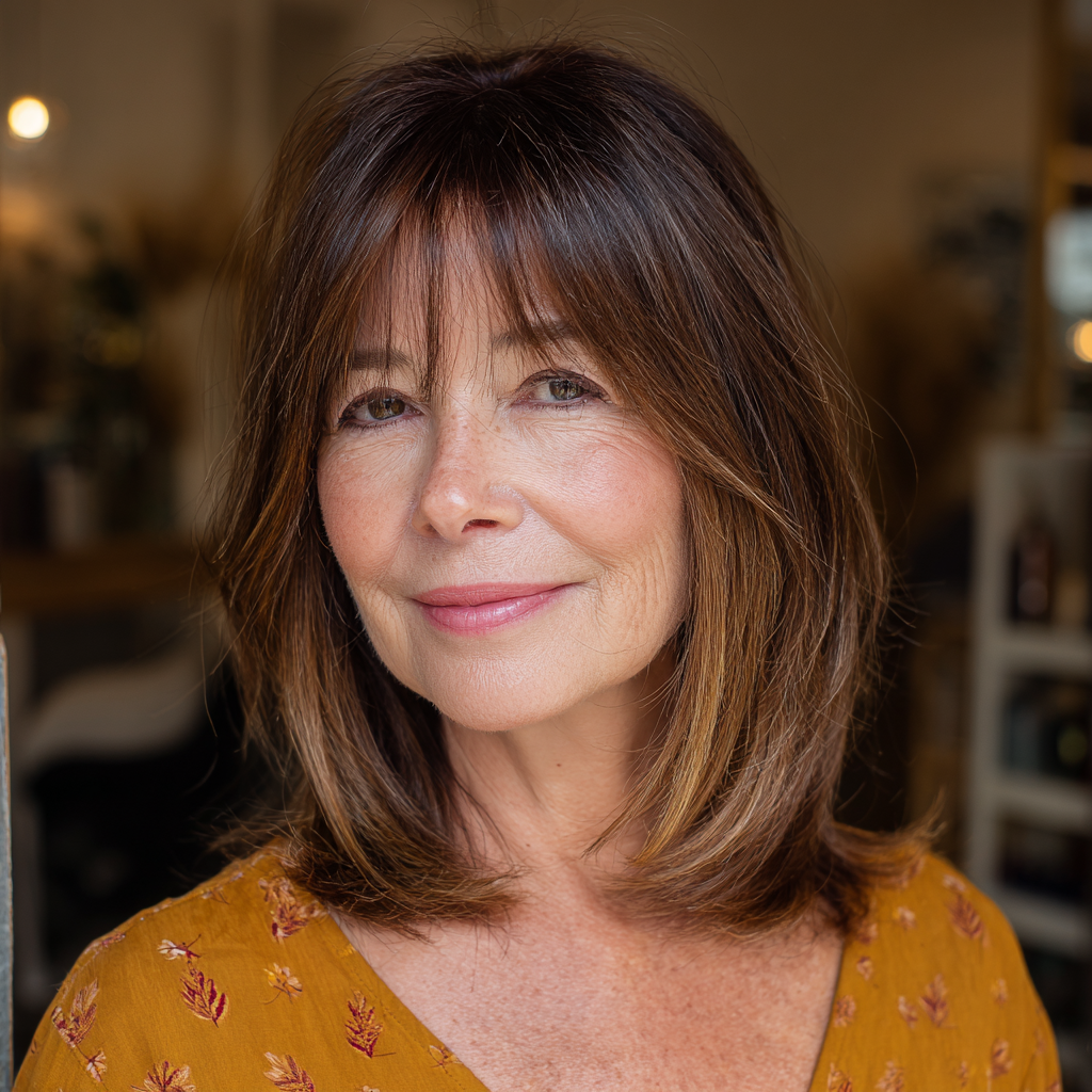 Softly Layered Brown Cut with Subtle Face-Framing Bangs