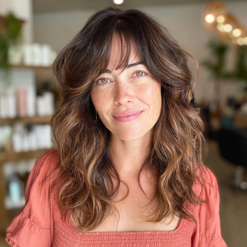 Softly Layered Brown Hair with Face-Framing Bangs
