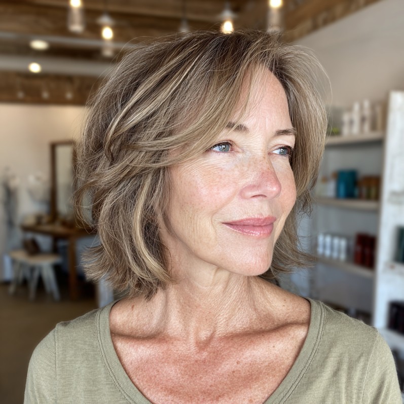 Softly Textured Medium-Length Hair with Subtle Blonde Highlights