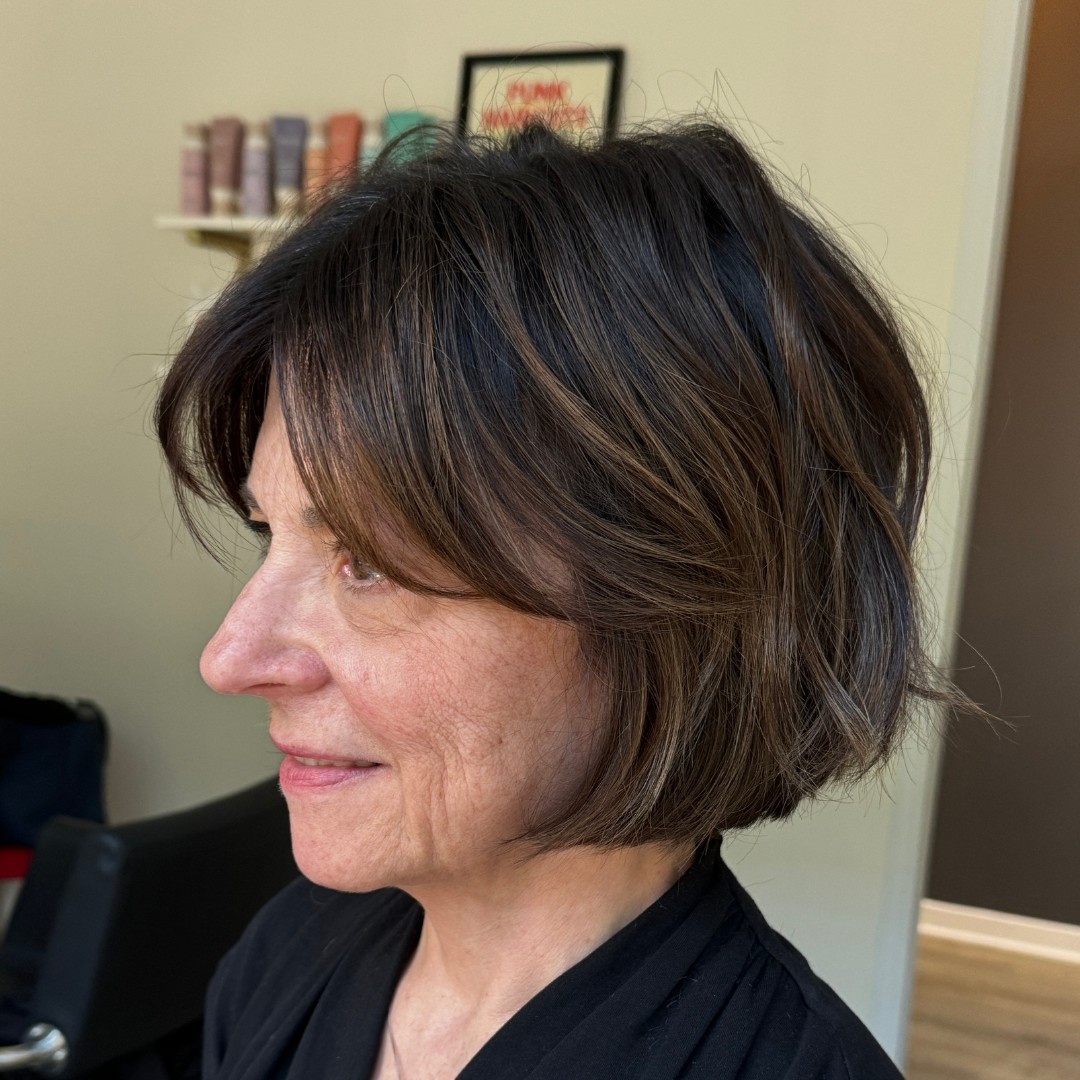 Textured Chestnut Bob with Subtle Highlights