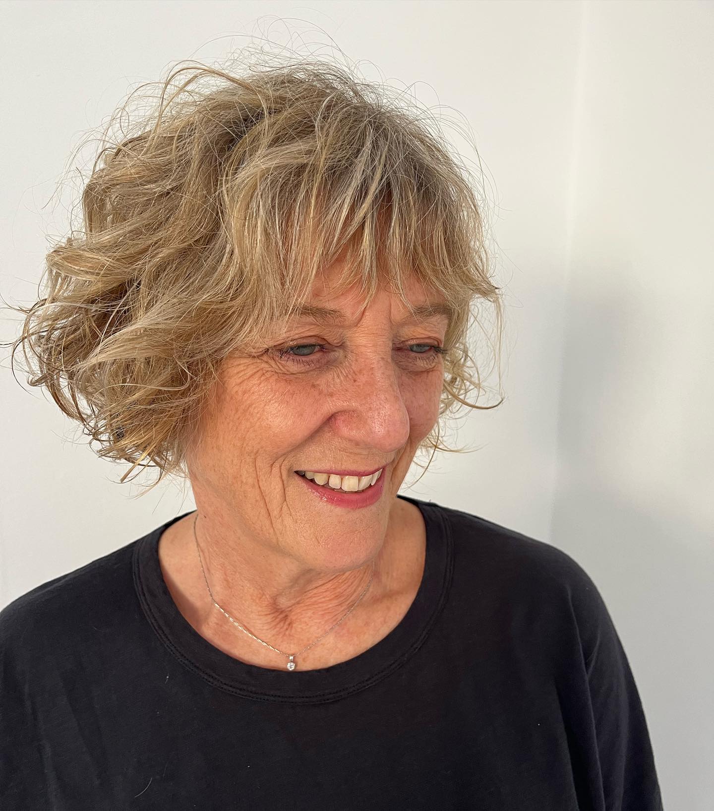 Textured Curly Bob with Soft Bangs