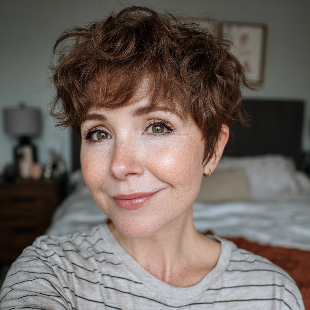 Textured Dimensional Brown Pixie with Soft Curls