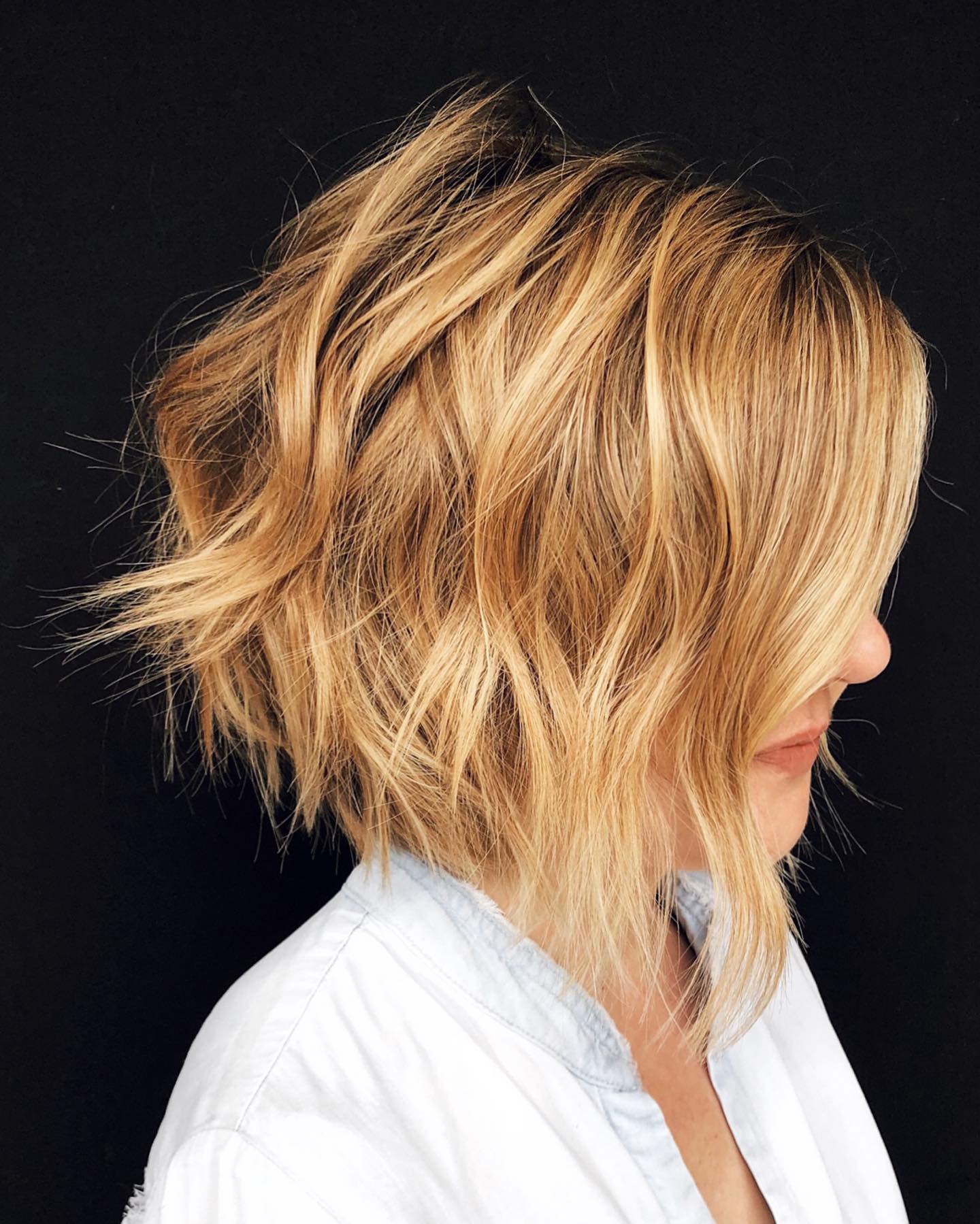 Textured Golden Angular Bob with Soft Waves