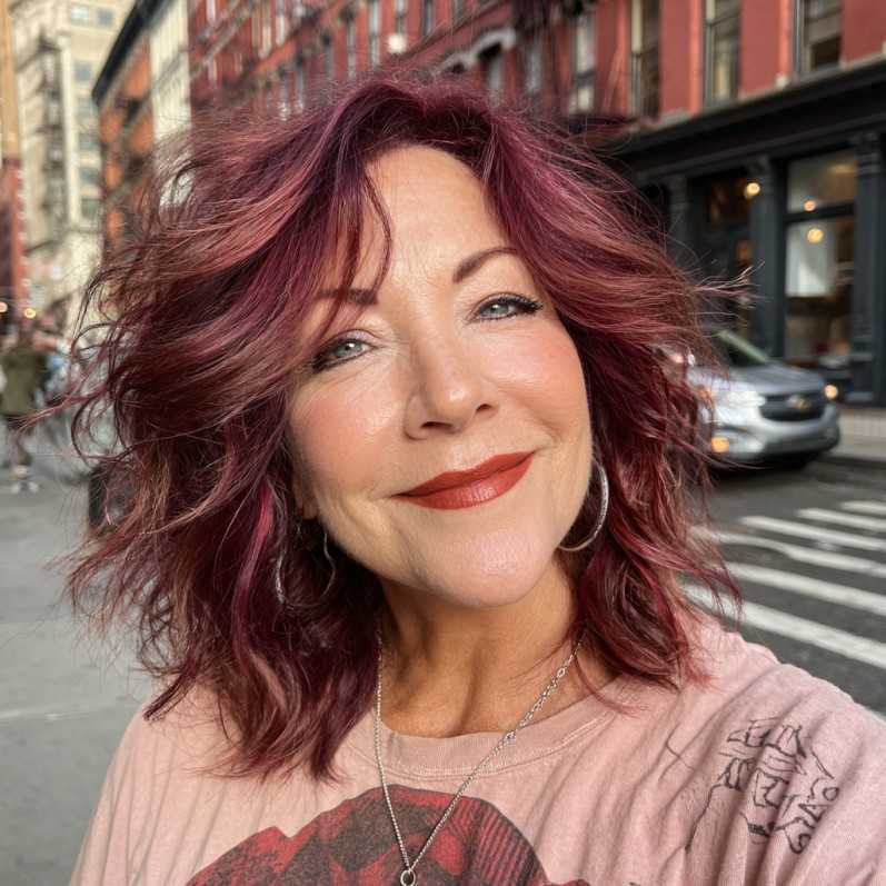 Textured Red Shoulder-Length Waves with Light Bangs