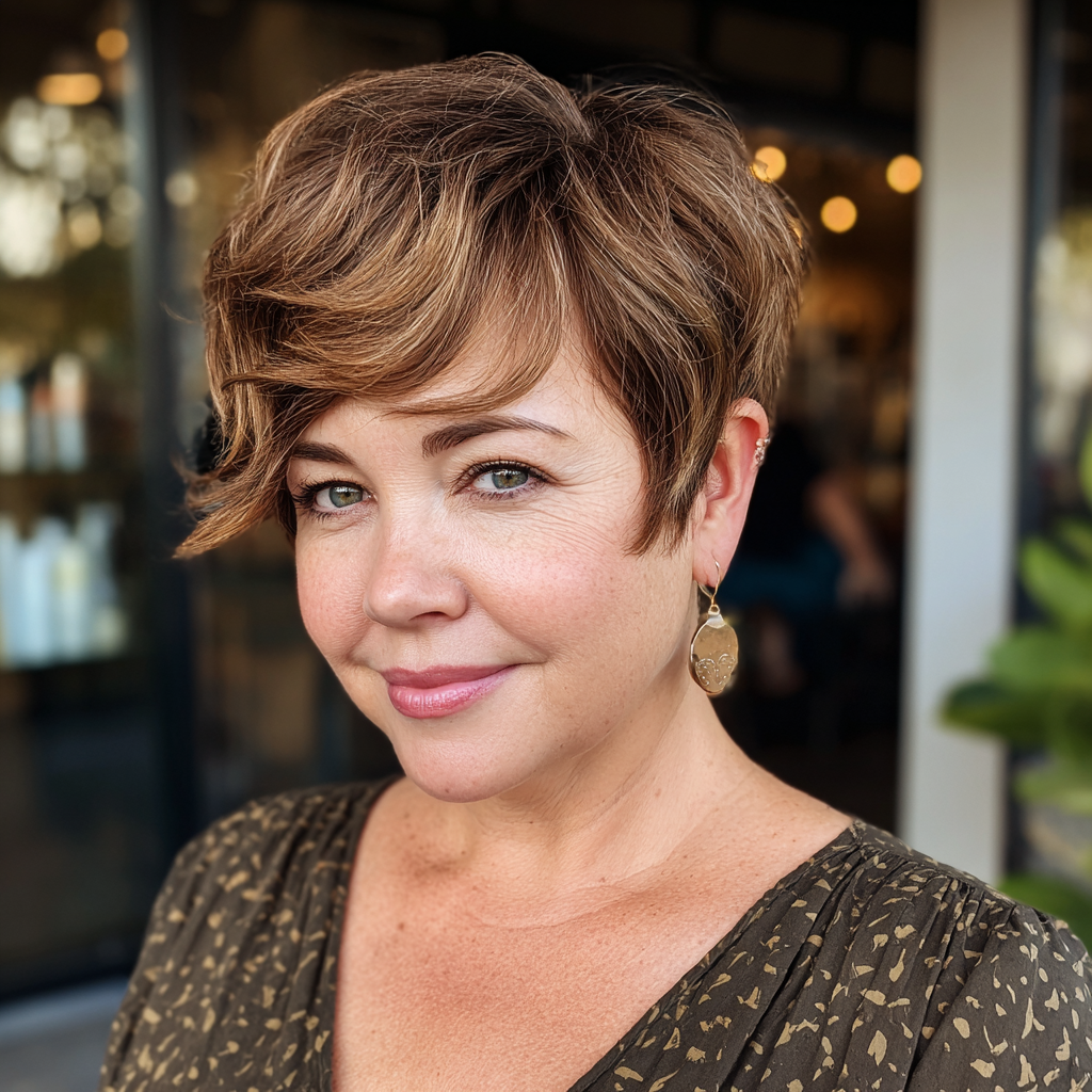 Textured Short Brown Pixie with Subtle Highlights