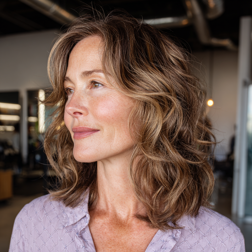 Textured Shoulder-Length Brown Curls with Sun-Kissed Highlights