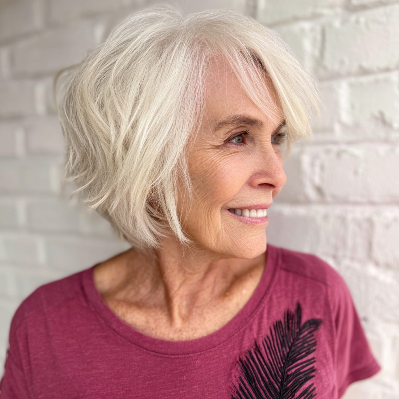 Textured Silver A-Line Bob with Feathered Layers