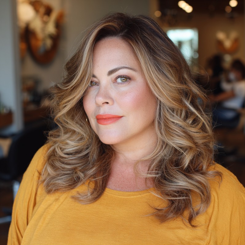 Voluminous Layered Waves with Bright Blonde Highlights