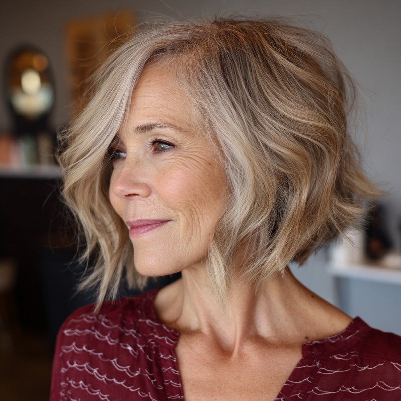 Textured Ash Blonde A-Line Bob with Soft Waves