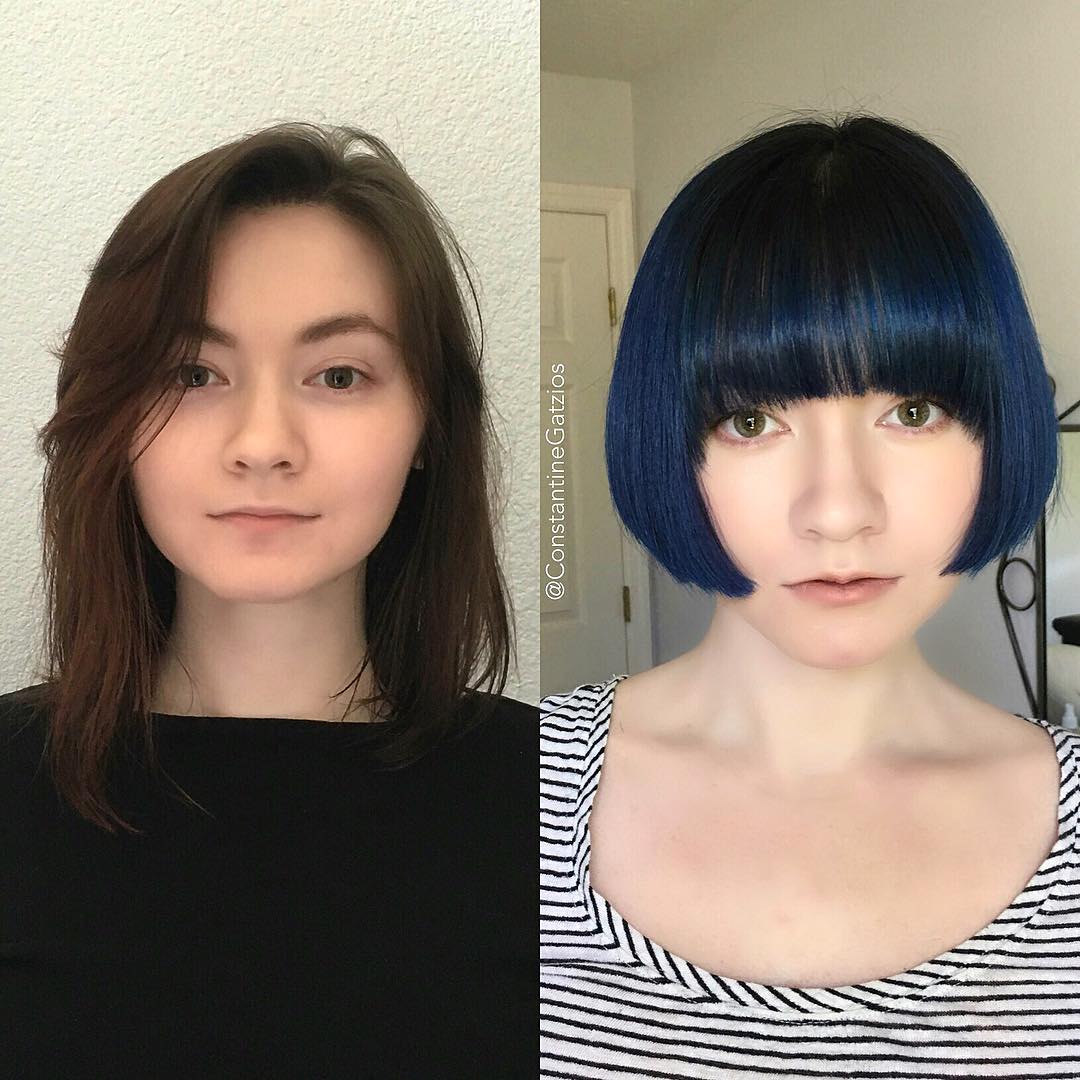Bold Blue Pageboy Bob with Blunt Bangs