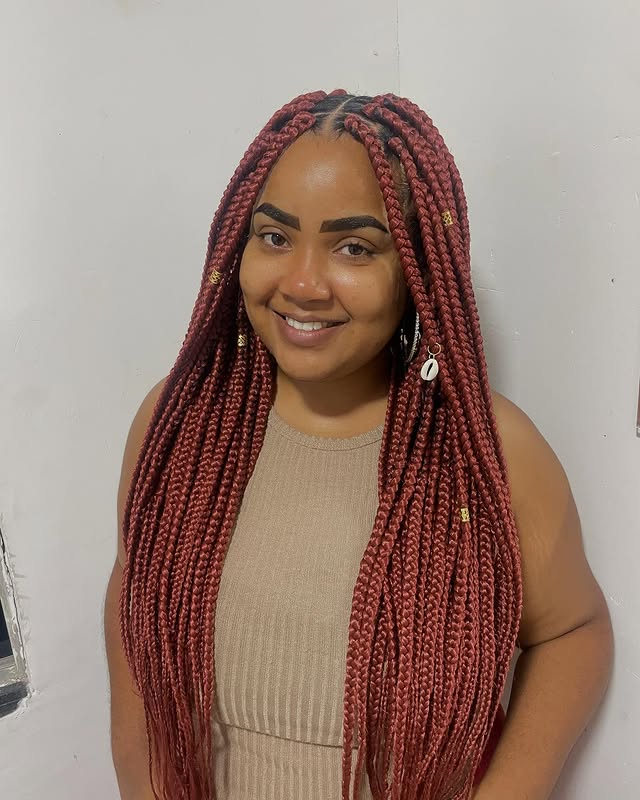 Bold Burgundy Box Braids with Intricate Beading