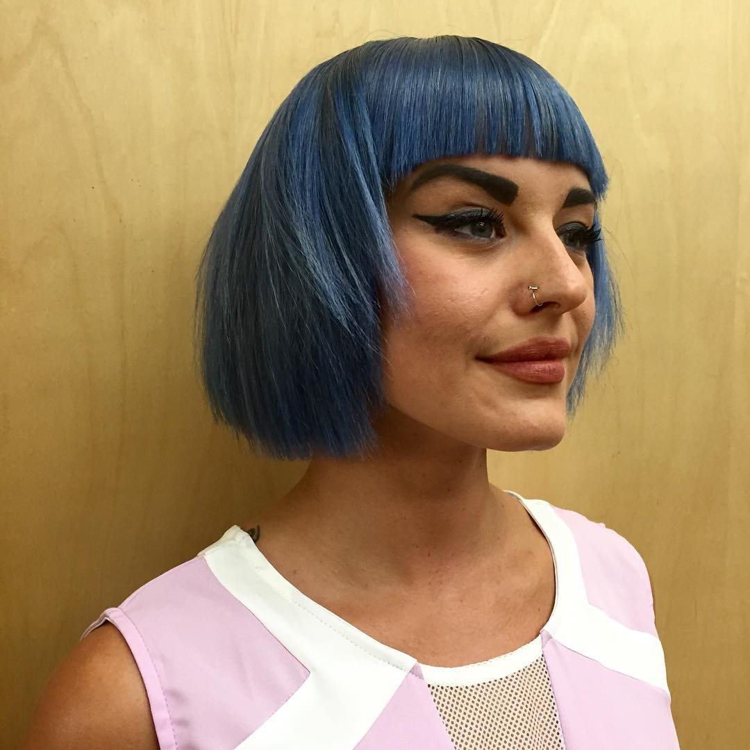 Bold Textured Blue Pageboy Bob with Blunt Fringe