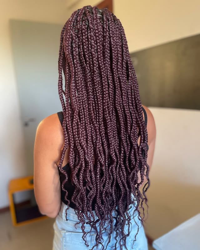 Burgundy Box Braids with Textured Ends