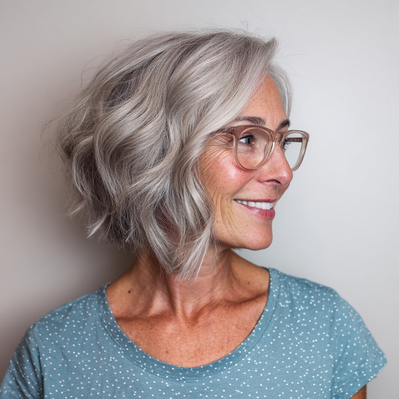 Charming Silver Asymmetrical Bob with Soft Waves