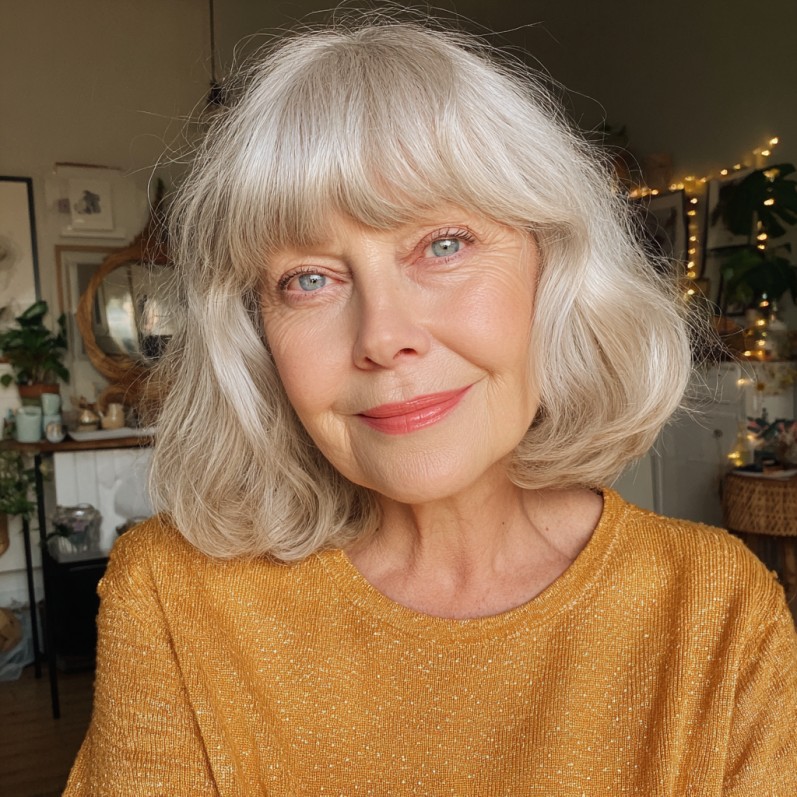 Charming Silver Blunt Bangs with Soft Curly Bob