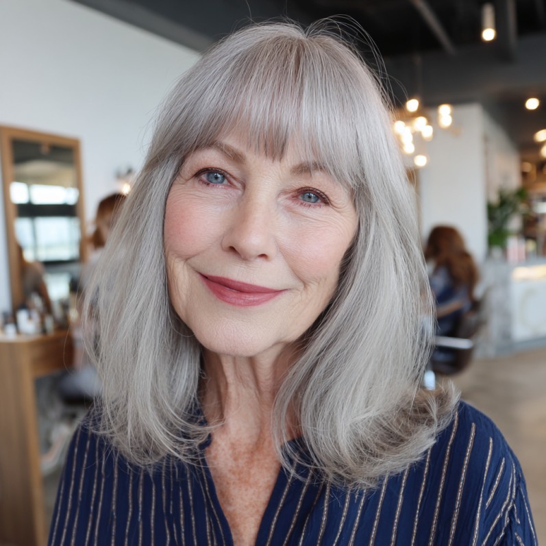 Charming Silvery Blunt Bangs with Soft Long Layers
