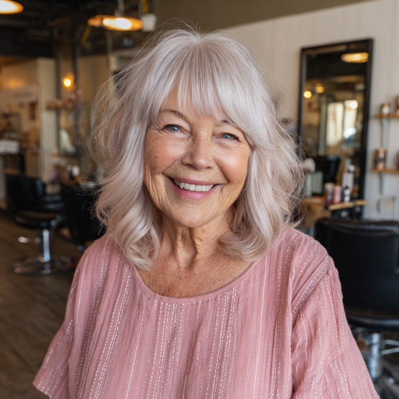 Charming Soft Blunt Bangs with Textured Shoulder-Length Hair