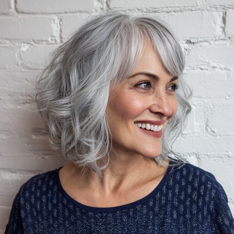 Chic Silver Curly A-Line Bob