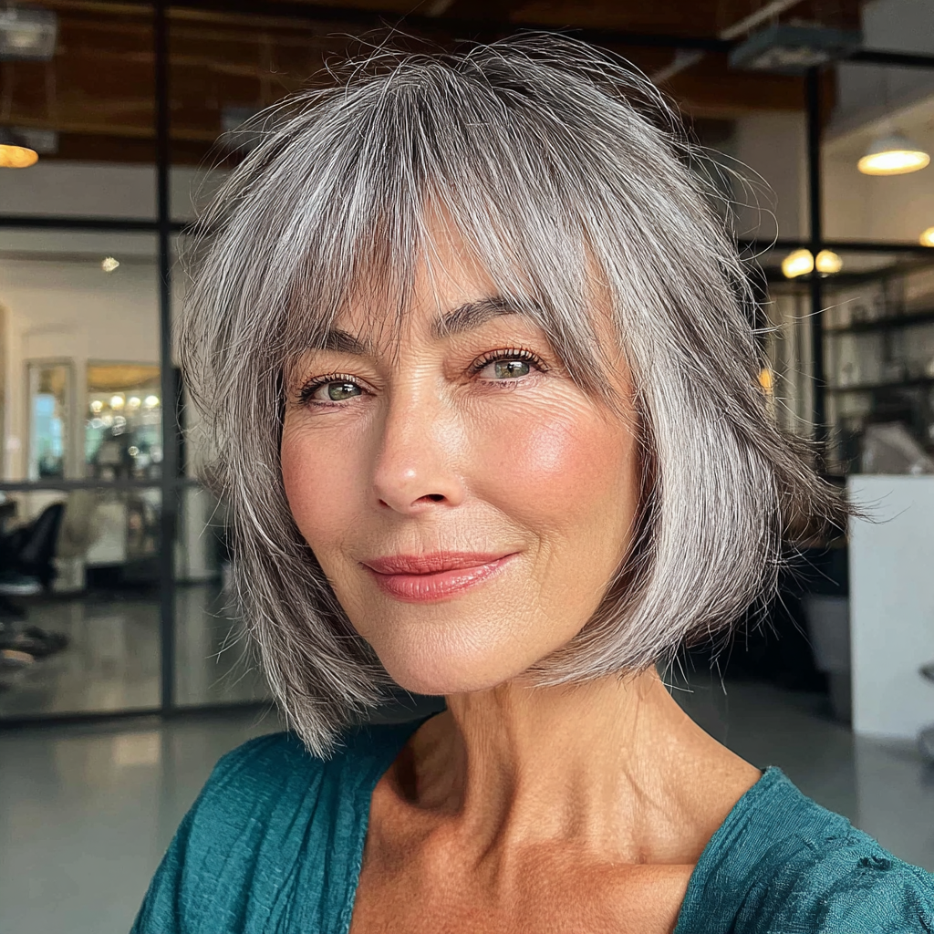 Chic Silver Shaggy Bob with Feathered Bangs