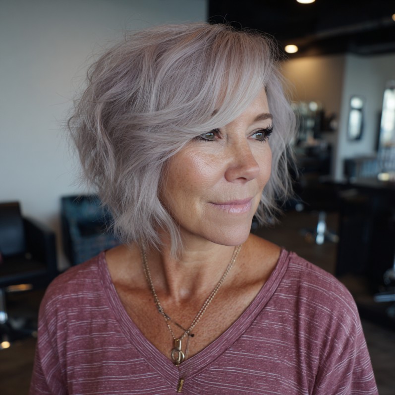 Chic Textured A-Line Bob with Soft Lavender Tones