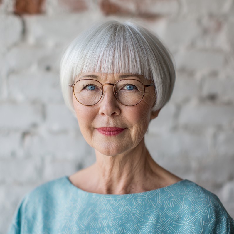 Chic Textured Blunt Bangs with Short Silver Bob