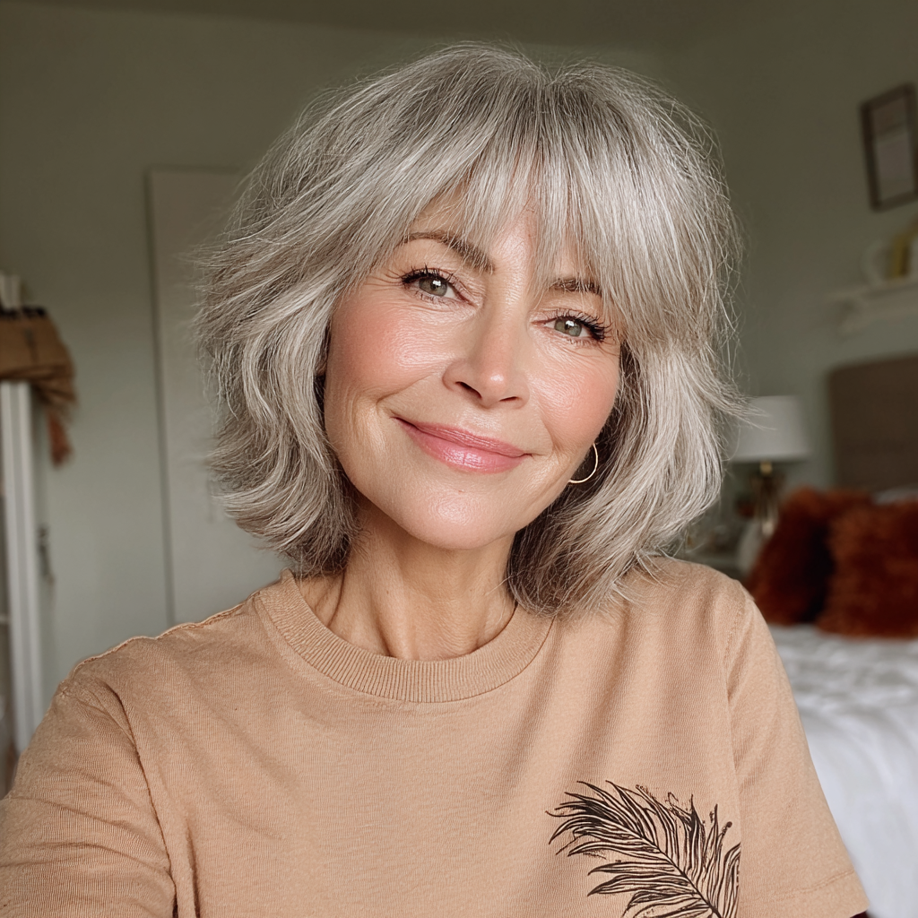 Chic Textured Shaggy Bob with Soft Bangs